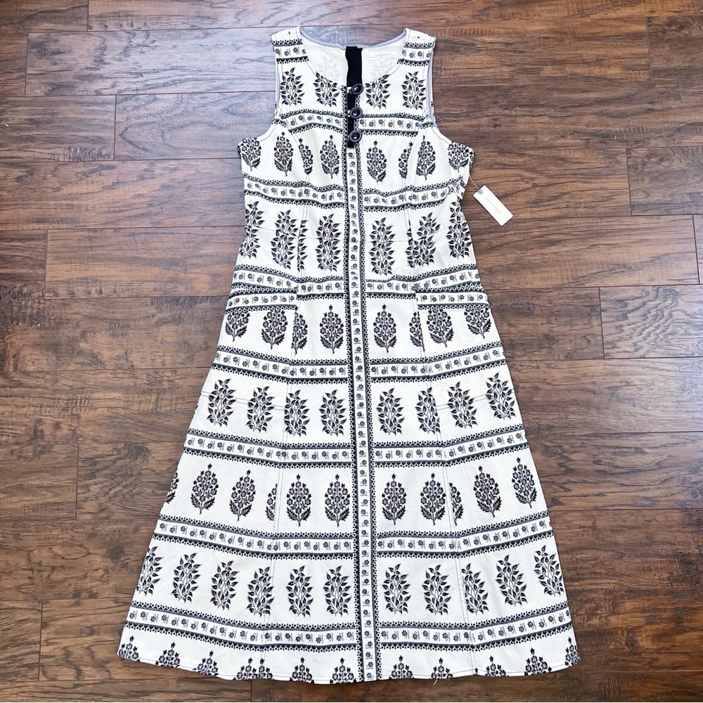 Anthropologie • Woodblock Midi Dress cream brown floral print stretch twill - Picture 2 of 13